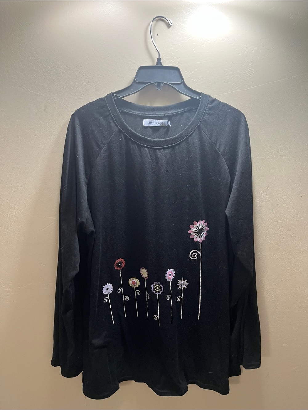 MISSLOOK Black Long Sleeve Top with Pink & White Floral Embroidery